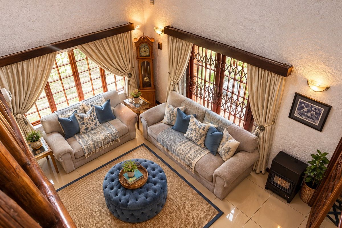 Spacious living room featuring high vaulted ceilings, tiled flooring, and large windows with security gates, creating a bright and airy atmosphere.