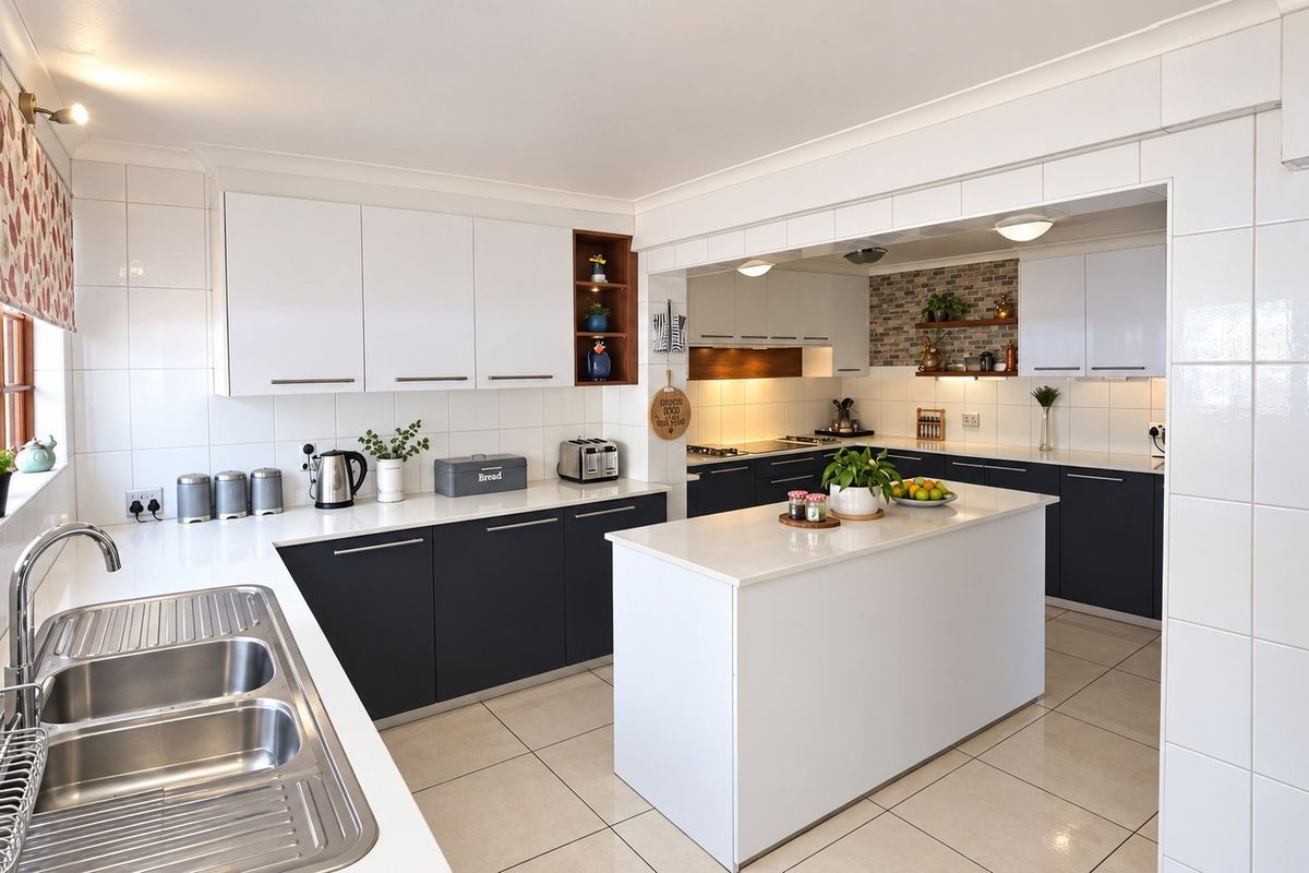 Modern kitchen featuring a central island, white and dark cabinetry, quartz countertops, tiled backsplash, and high-quality finishes throughout.