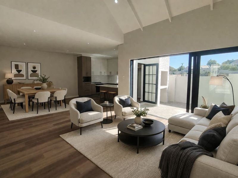 Spacious open-plan living and dining area featuring vaulted ceilings, modern kitchen with island, and large sliding doors opening to a private patio.