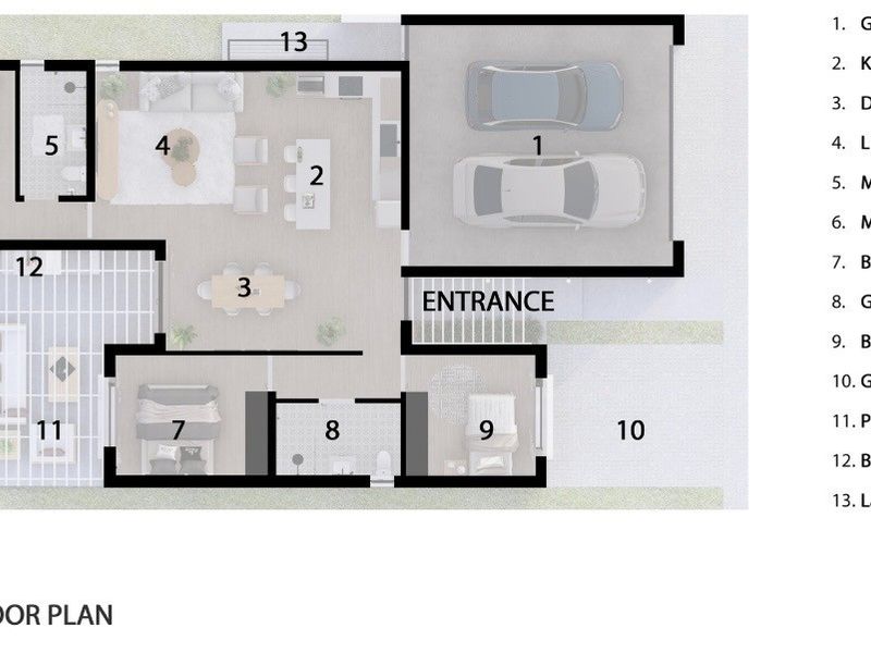 A detailed ground floor plan showing the layout of the three-bedroom retirement village unit, including garage, open-plan living areas, and outdoor patio space.
