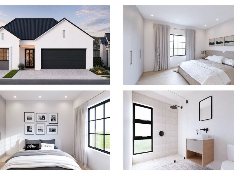 A collage of architectural renderings showcasing a modern retirement village home, including exterior facade, bedrooms, and a contemporary bathroom.