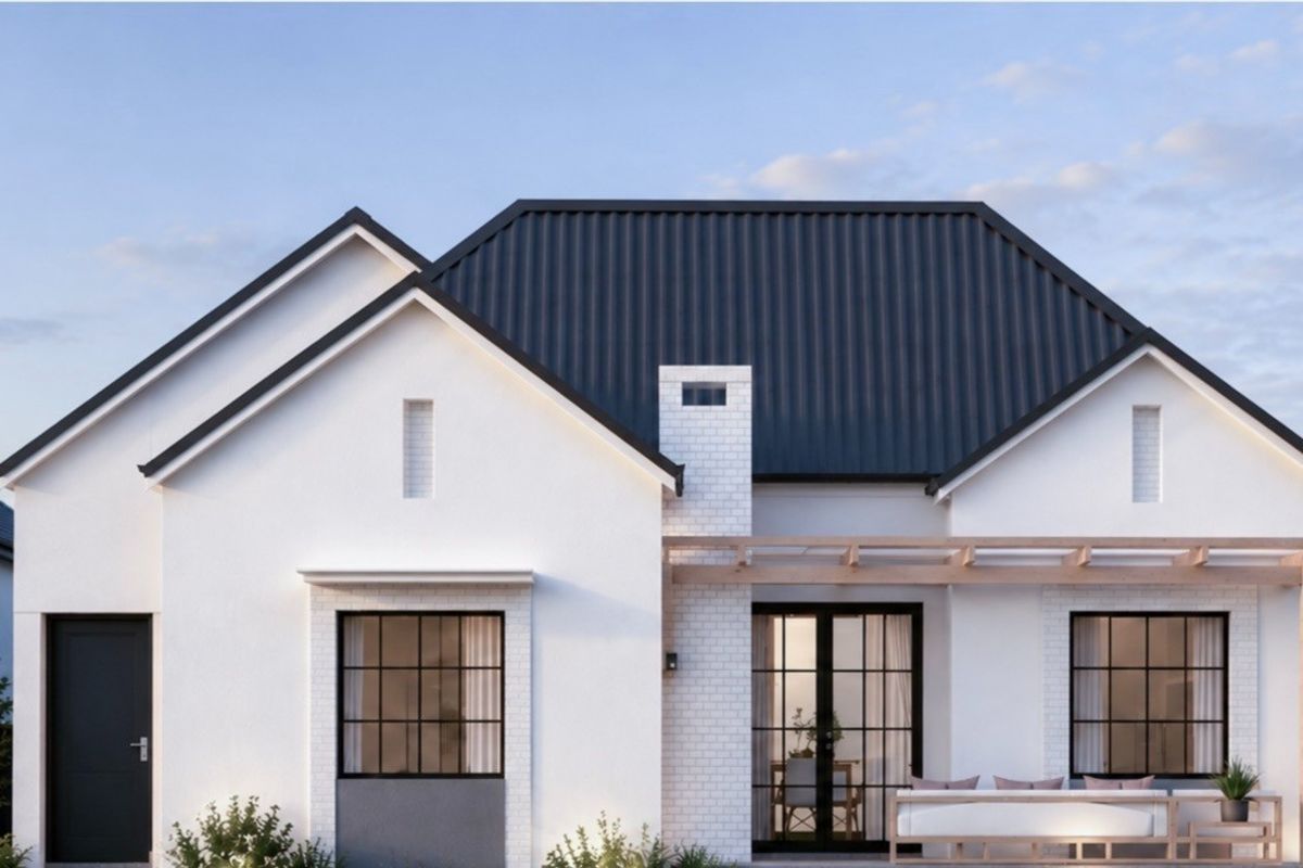 A modern rear exterior view of a retirement village residence featuring a dark metal roof, timber pergola, and stylish black-framed windows and doors.