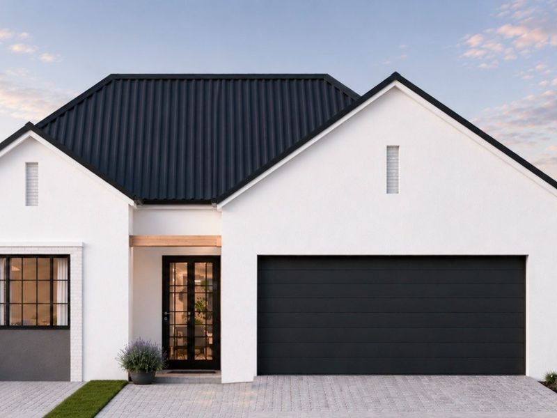 Modern single-story retirement home featuring a crisp white facade, dark metal roof, double garage, and elegant glass-paneled entry doors.