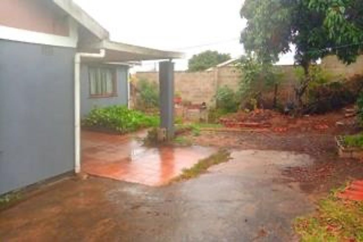 Rear exterior view of the property featuring a covered tiled patio, concrete boundary wall, and an unlandscaped garden area with drainage issues.