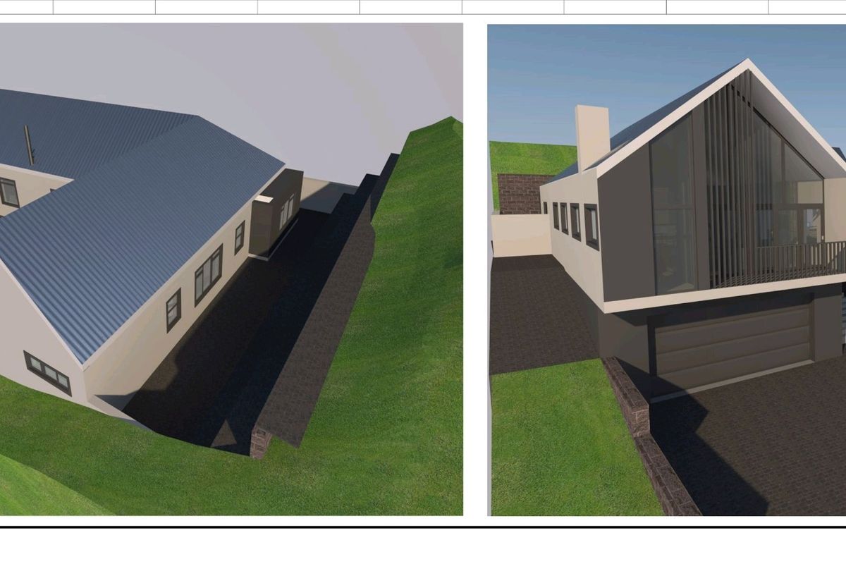 A 3D architectural rendering showing an aerial perspective of a modern house design with a pitched roof, garage, and landscaped exterior.