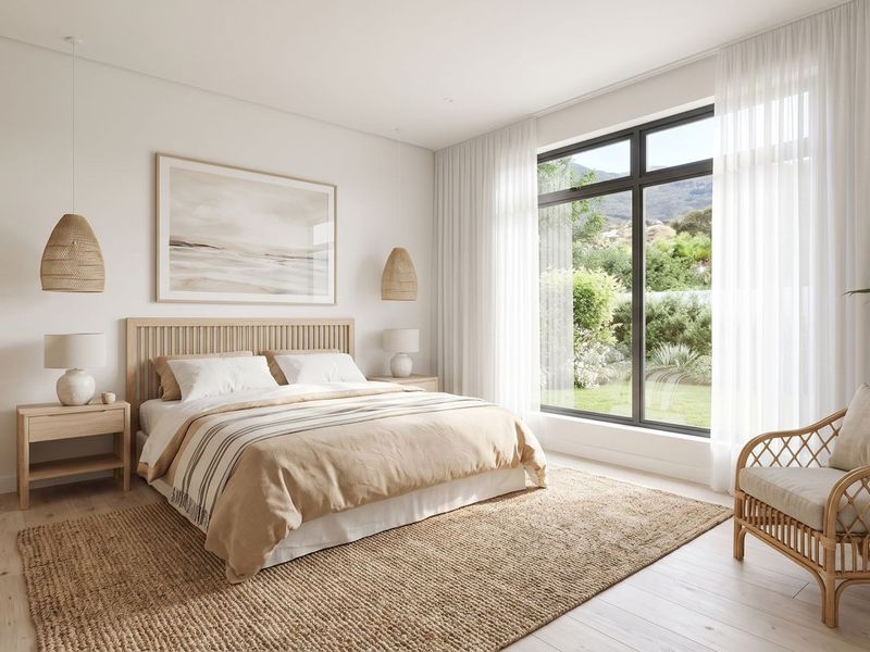 A bright and modern bedroom featuring timber flooring, a large window with garden views, and integrated built-in wardrobe storage.