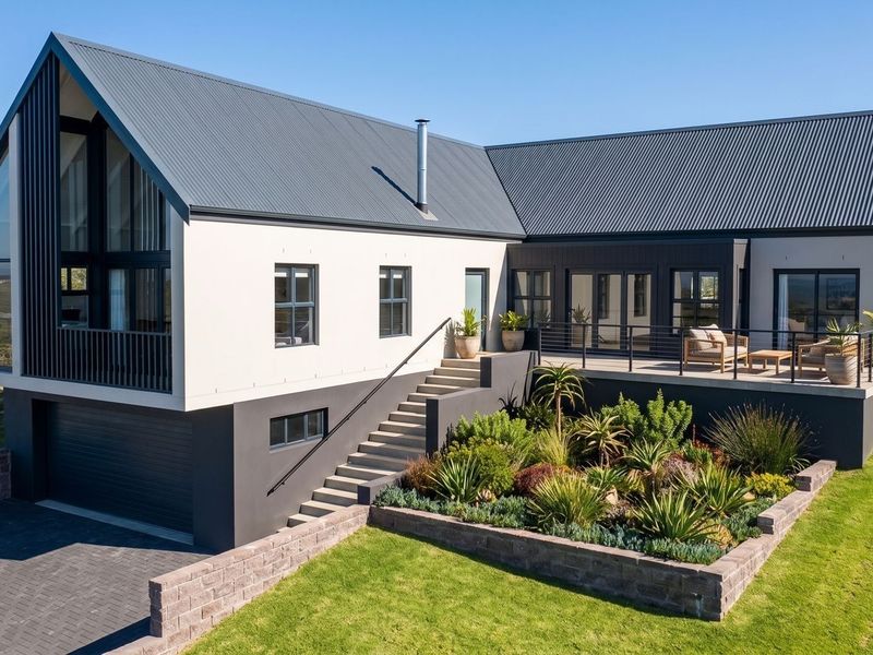 Modern architectural home featuring a corrugated metal roof, raised deck, double garage, and landscaped garden with a stone retaining wall.
