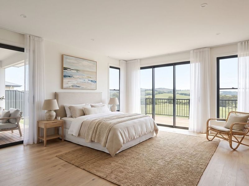 Spacious bedroom featuring timber flooring, built-in wardrobes, and large sliding glass doors opening onto a balcony with scenic rural views.