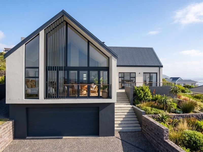Modern architectural home featuring a double garage, elevated balcony with expansive glass windows, and landscaped terraced garden with coastal views.