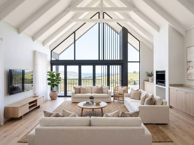 Spacious living room featuring a dramatic vaulted ceiling with exposed rafters, built-in fireplace, custom cabinetry, and expansive windows offering scenic views.