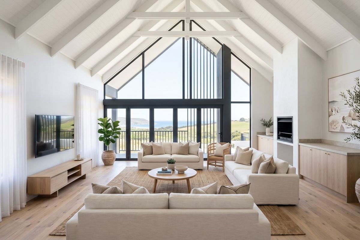 Spacious living room featuring a dramatic vaulted ceiling with exposed rafters, built-in fireplace, custom cabinetry, and expansive windows offering scenic views.