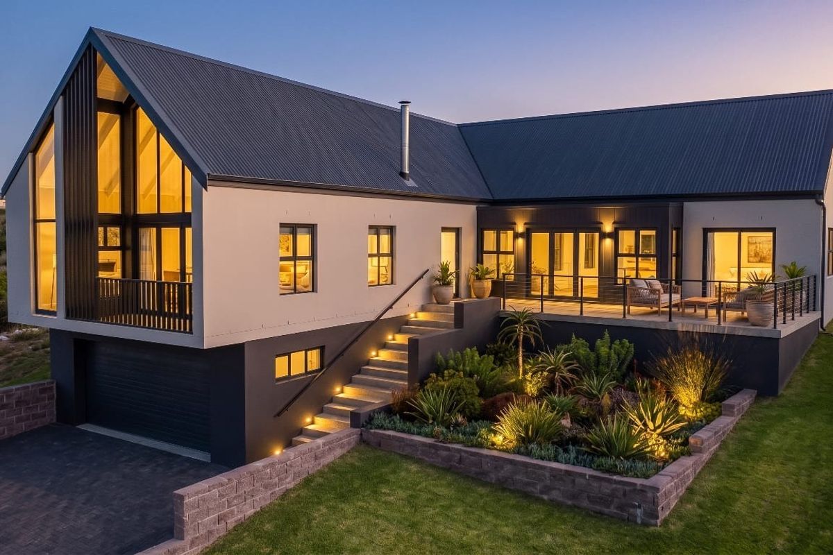 Modern architectural home featuring a metal roof, raised patio, landscaped garden, and integrated garage, captured at dusk with warm exterior lighting.