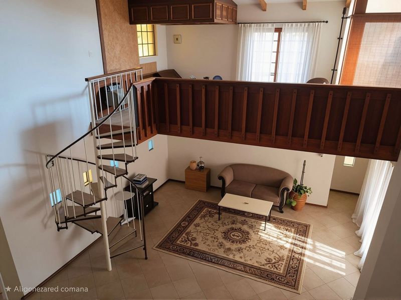Spacious living area featuring a distinctive spiral staircase leading to a mezzanine level with wooden balustrades and exposed timber ceiling beams.