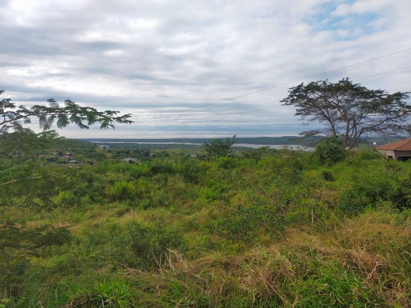 A scenic view overlooking a natural landscape with distant water and surrounding vegetation, showcasing the property's elevated position.