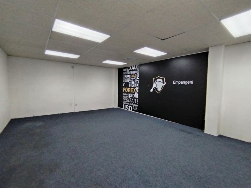 An empty office space featuring a drop ceiling with recessed lighting and carpeted flooring, currently displaying branded wall graphics.