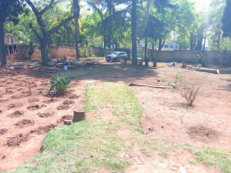 A large, expansive garden area featuring mature trees and a perimeter brick wall, currently requiring landscaping and maintenance to reach its full potential.