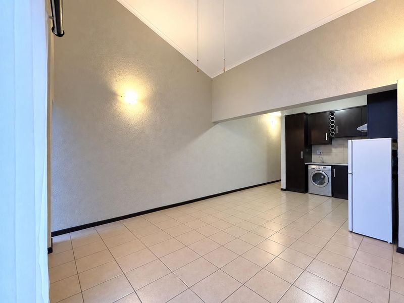Open-plan living area featuring tiled flooring, vaulted ceilings, and a compact kitchen with built-in cabinetry and integrated laundry plumbing.