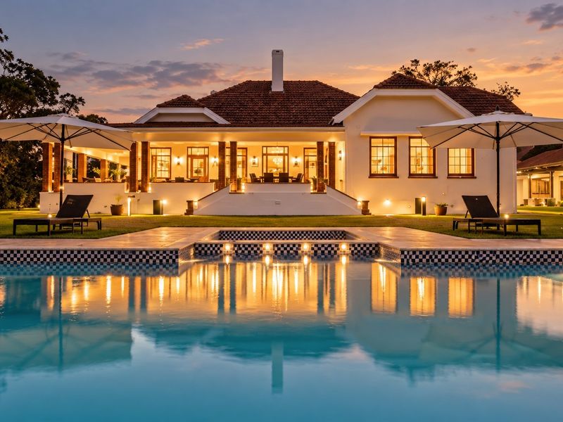 A beautifully illuminated rear exterior view featuring a swimming pool, expansive covered patio, and well-maintained garden at dusk.