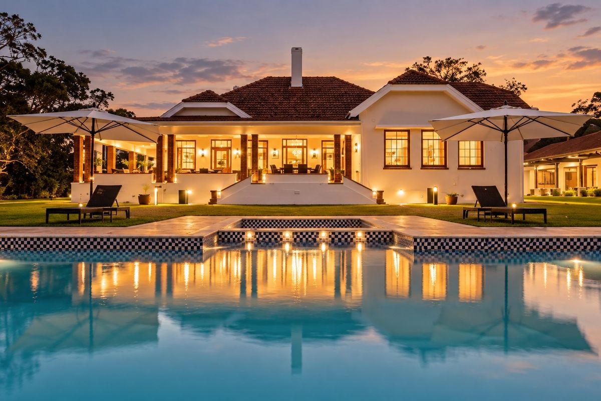 A beautifully illuminated rear exterior view featuring a swimming pool, expansive covered patio, and well-maintained garden at dusk.