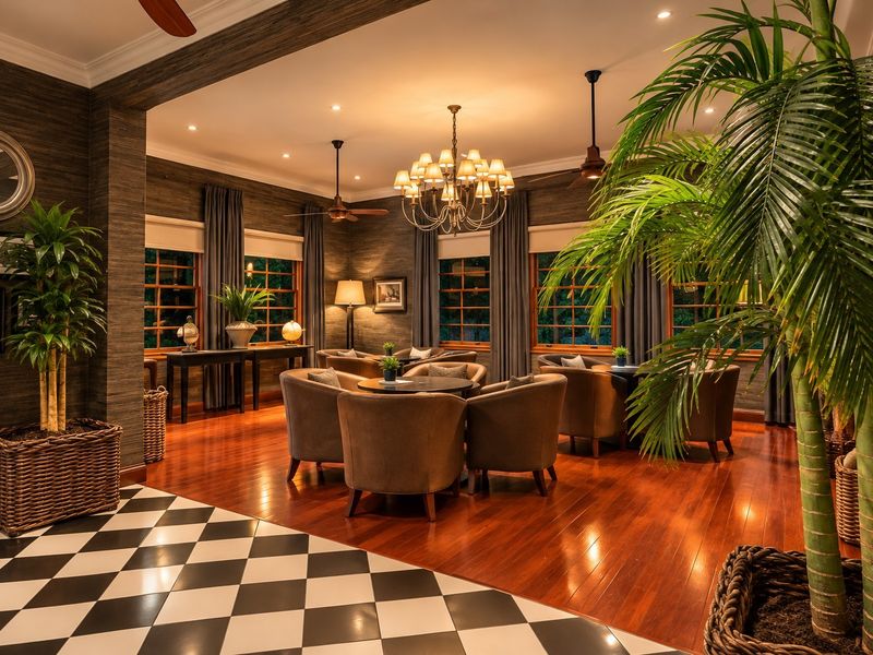 A sophisticated and well-appointed living area featuring rich hardwood floors, a striking checkered tile transition, elegant chandelier lighting, and large timber-framed windows.