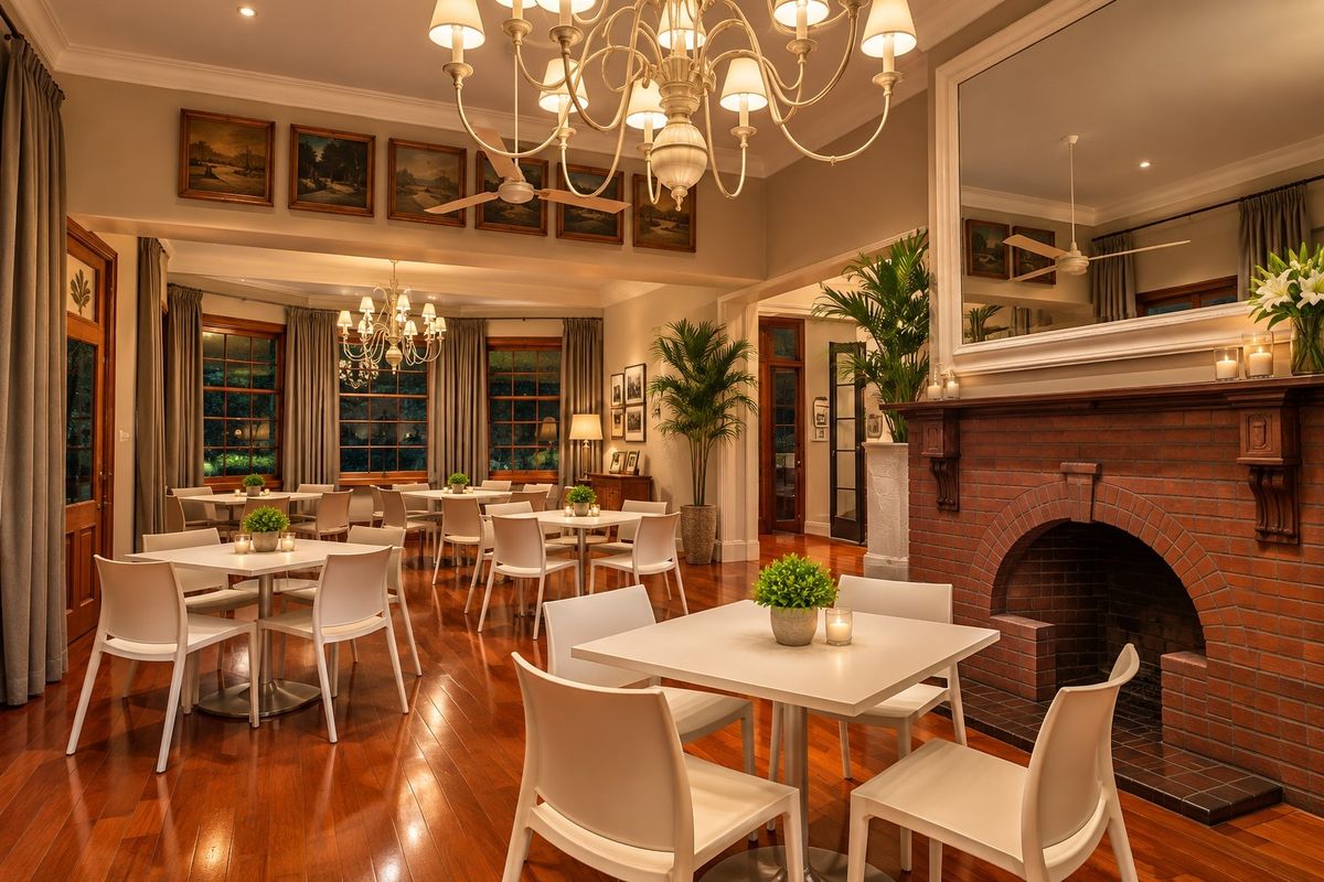 Spacious living area featuring polished hardwood floors, a classic brick fireplace, elegant chandeliers, and crown molding, creating a warm and inviting atmosphere.