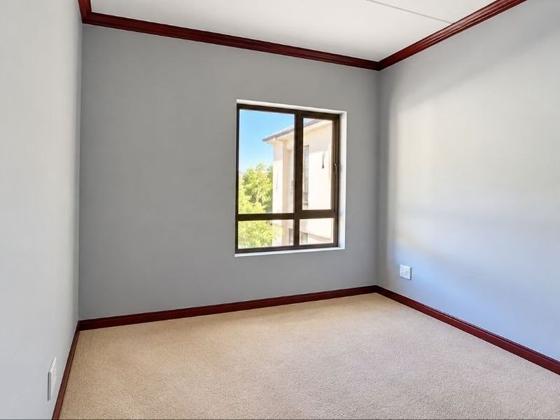 A bright, empty bedroom featuring neutral carpet flooring, dark timber crown molding, and a large window providing natural light.