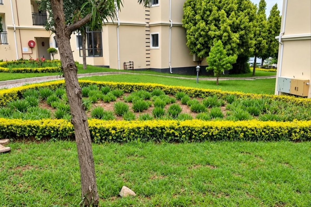 A well-maintained communal garden area featuring manicured hedges, lawn, and paved pathways between apartment building blocks.