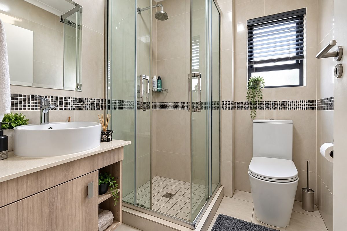 Modern bathroom featuring a glass shower enclosure, vanity with vessel sink, toilet, and neutral wall tiling with a decorative mosaic border.