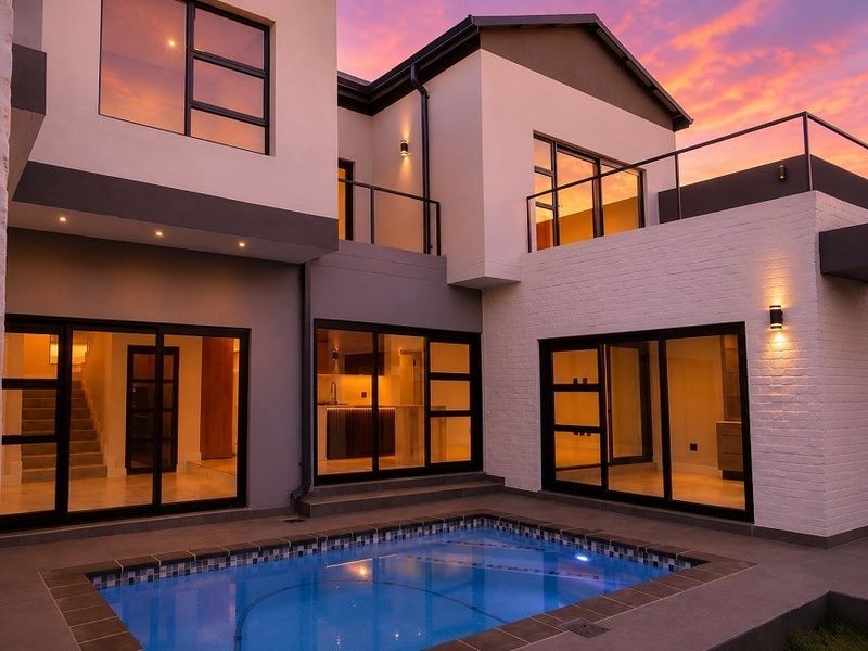 Modern double-story residence featuring a swimming pool, tiled patio area, and extensive glass sliding doors providing seamless indoor-outdoor flow.