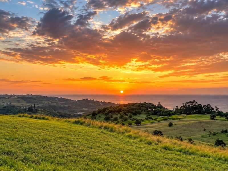 A scenic landscape view of rolling green hills overlooking the ocean at sunset.