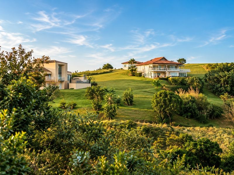 A scenic view of residential properties situated on a rolling, well-maintained grassy landscape under a clear blue sky.