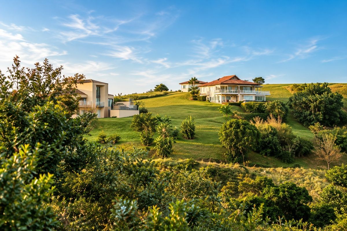 A scenic view of residential properties situated on a rolling, well-maintained grassy landscape under a clear blue sky.