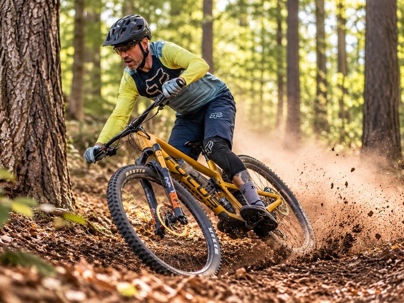 A professional action shot of a mountain biker riding through a wooded area, showcasing the natural terrain of the property.