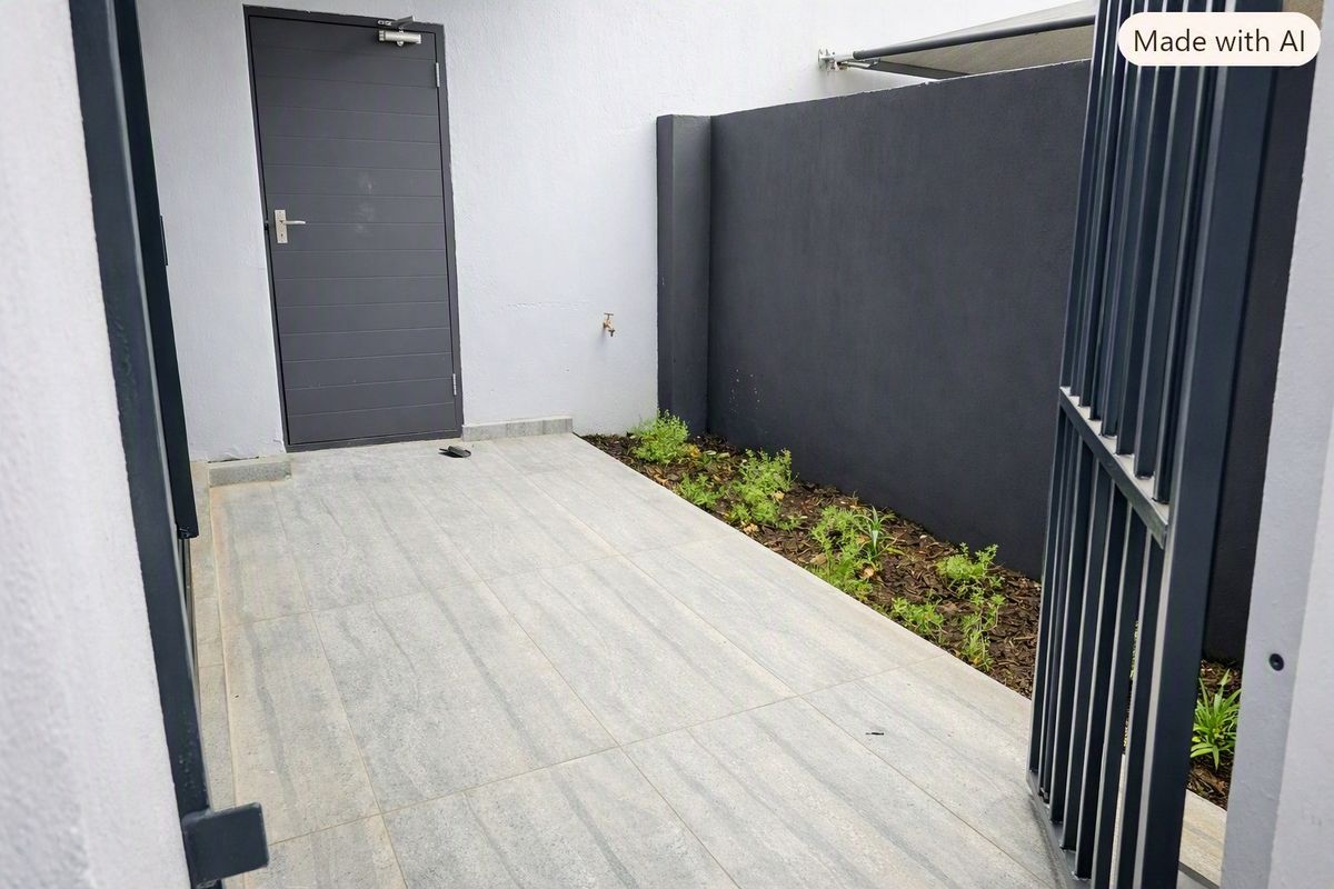 A clean, modern rear courtyard featuring tiled flooring, a dark feature boundary wall, and a small garden bed with an external access door.