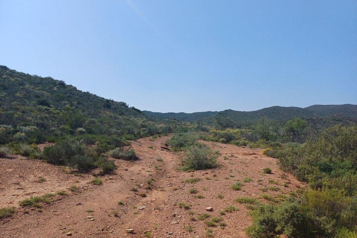 A wide-angle view of the natural landscape featuring a dirt track winding through the hilly, undeveloped terrain.