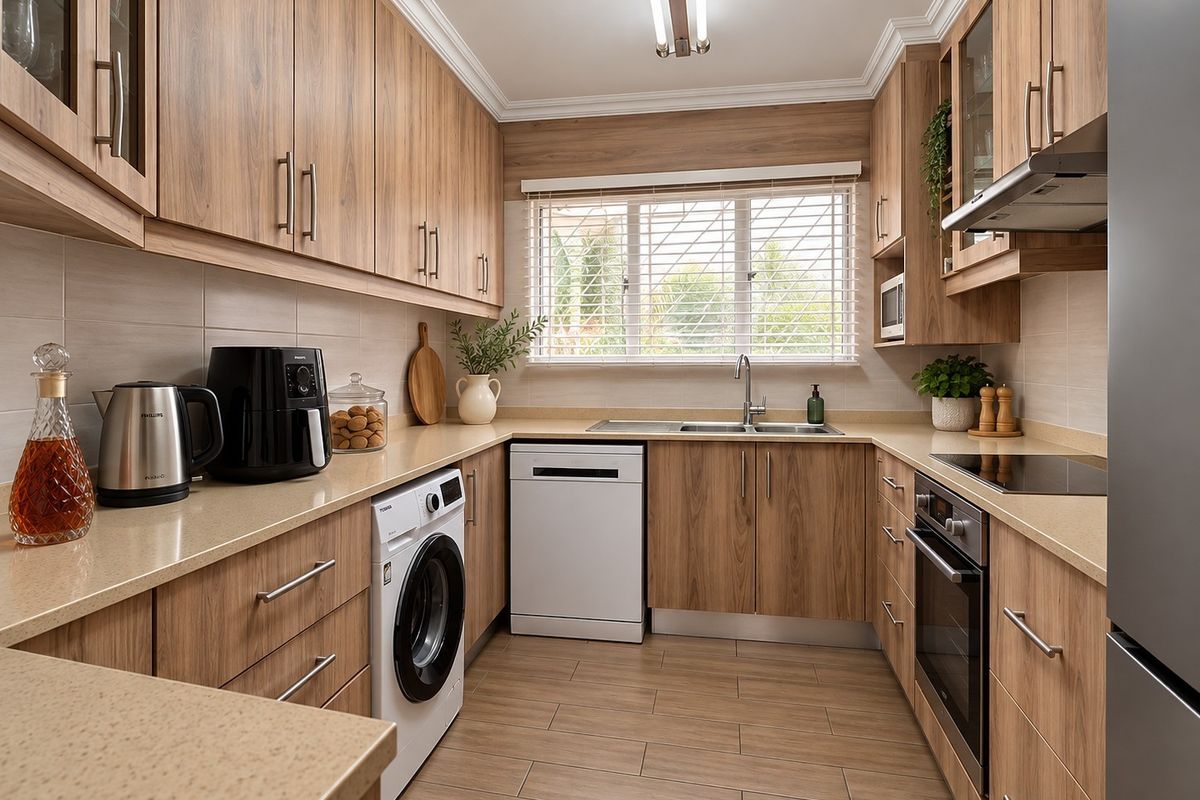 A well-appointed kitchen featuring wood-look cabinetry, stone countertops, integrated appliances, and a tiled backsplash, offering a clean and functional workspace.