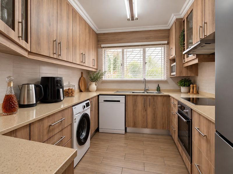 A well-appointed kitchen featuring wood-look cabinetry, stone countertops, integrated appliances, and a tiled backsplash, offering a clean and functional workspace.