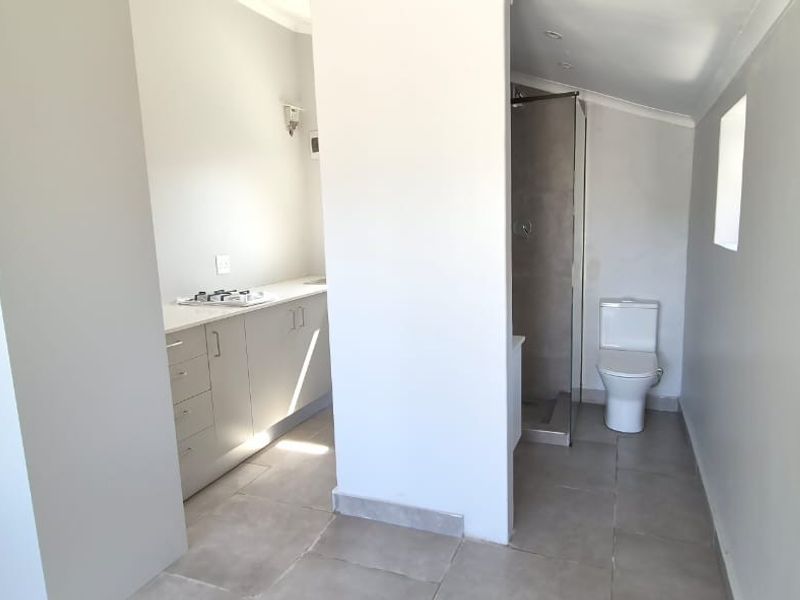 An open-plan studio space featuring a compact kitchenette with built-in cabinetry and gas hob, alongside a separate shower and toilet area.