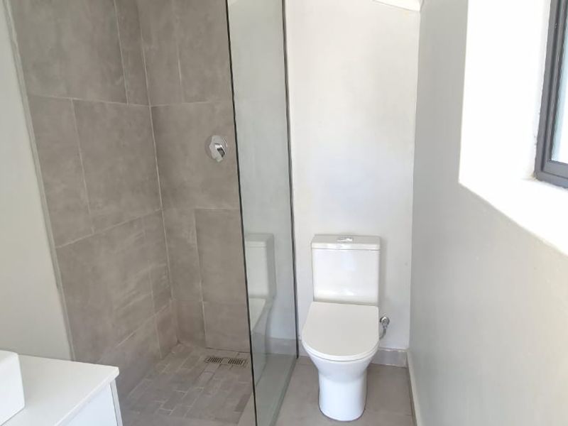 A modern bathroom featuring a walk-in shower with glass screen, a white toilet, and a vanity basin with neutral wall finishes.