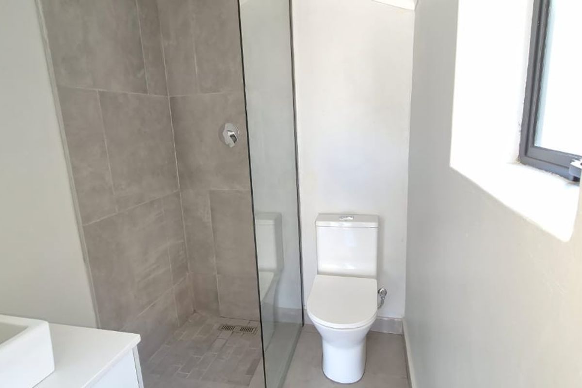 A modern bathroom featuring a walk-in shower with glass screen, a white toilet, and a vanity basin with neutral wall finishes.