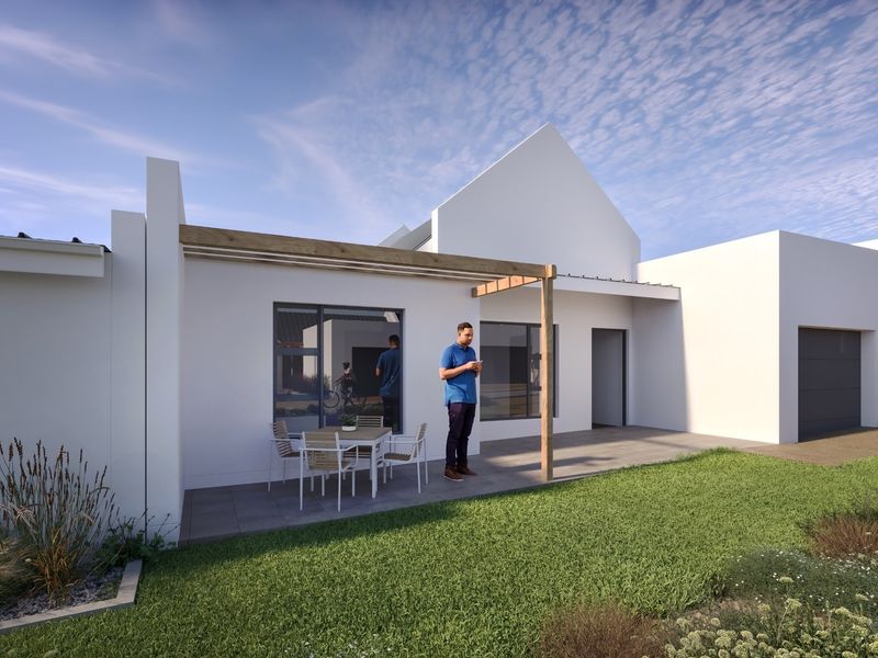 A modern rear exterior view featuring a tiled patio with a timber pergola, landscaped garden, and clean architectural lines.