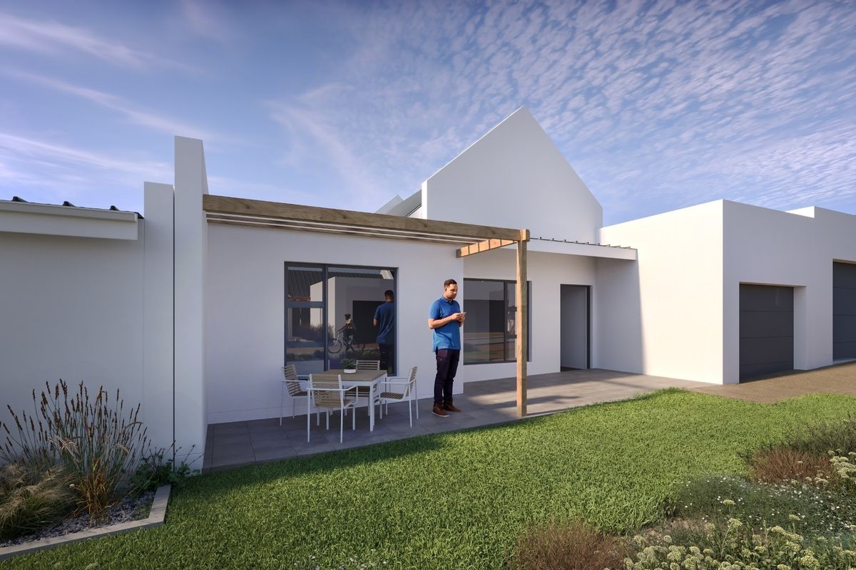 A modern rear exterior view featuring a tiled patio with a timber pergola, landscaped garden, and clean architectural lines.