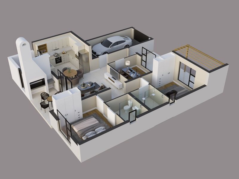 A detailed 3D floor plan showing the layout of the house, including the kitchen, living area, bedrooms, bathrooms, and garage.