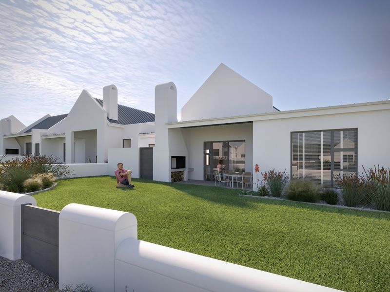 A modern rear exterior view featuring a well-maintained garden, a covered patio area, and a built-in braai facility.