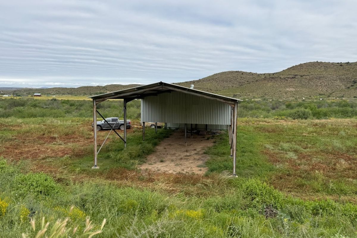 An open-sided metal utility structure or shed located on a rural small holding, suitable for storage or agricultural use.