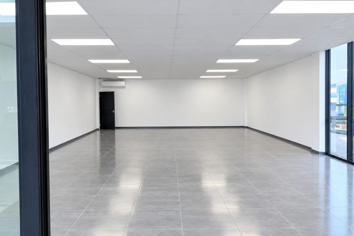 A bright, modern, and vacant commercial office space featuring tiled flooring, recessed lighting, and large windows providing ample natural light.