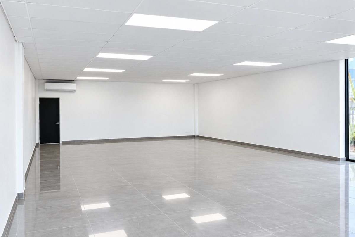 A bright, modern, and spacious open-plan office area featuring polished tiled floors, a suspended ceiling with recessed lighting, and split-system air conditioning.