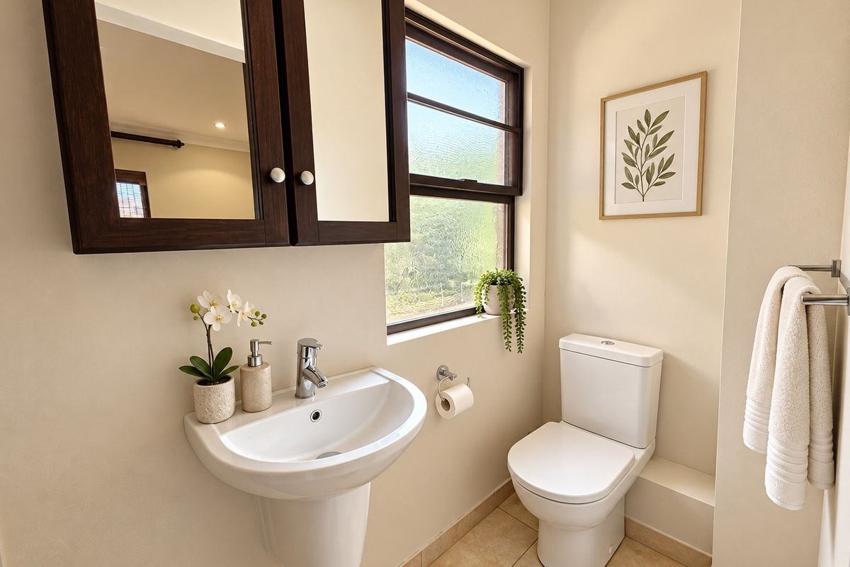 A clean and well-maintained guest bathroom featuring a pedestal basin, wall-mounted medicine cabinet, and a modern toilet with neutral floor tiling.