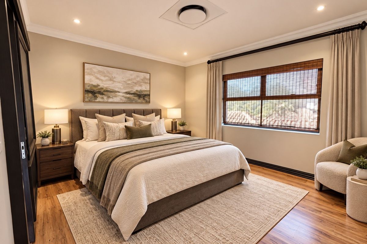 A well-maintained bedroom featuring timber flooring, recessed ceiling lighting, and a large window with wooden blinds, offering a clean and comfortable living space.