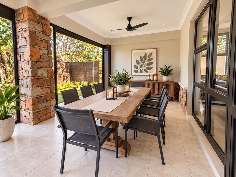A spacious covered patio featuring stone pillar accents, tiled flooring, and large sliding glass doors, perfect for outdoor dining and entertaining.